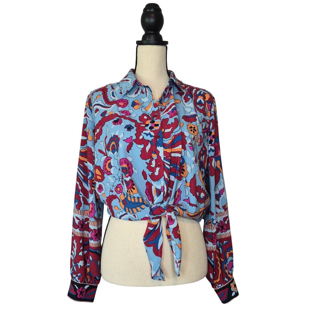 Cupcakes and Cashmere Tie Front Floral Blouse Retro Cropped Long Sleeve Top Sz M